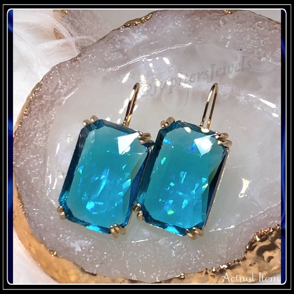 14K GOLD MEGA EMERALD CUT SIMULATED BLUE TOPAZ CUSHION EARRINGS - Picture 6 of 6